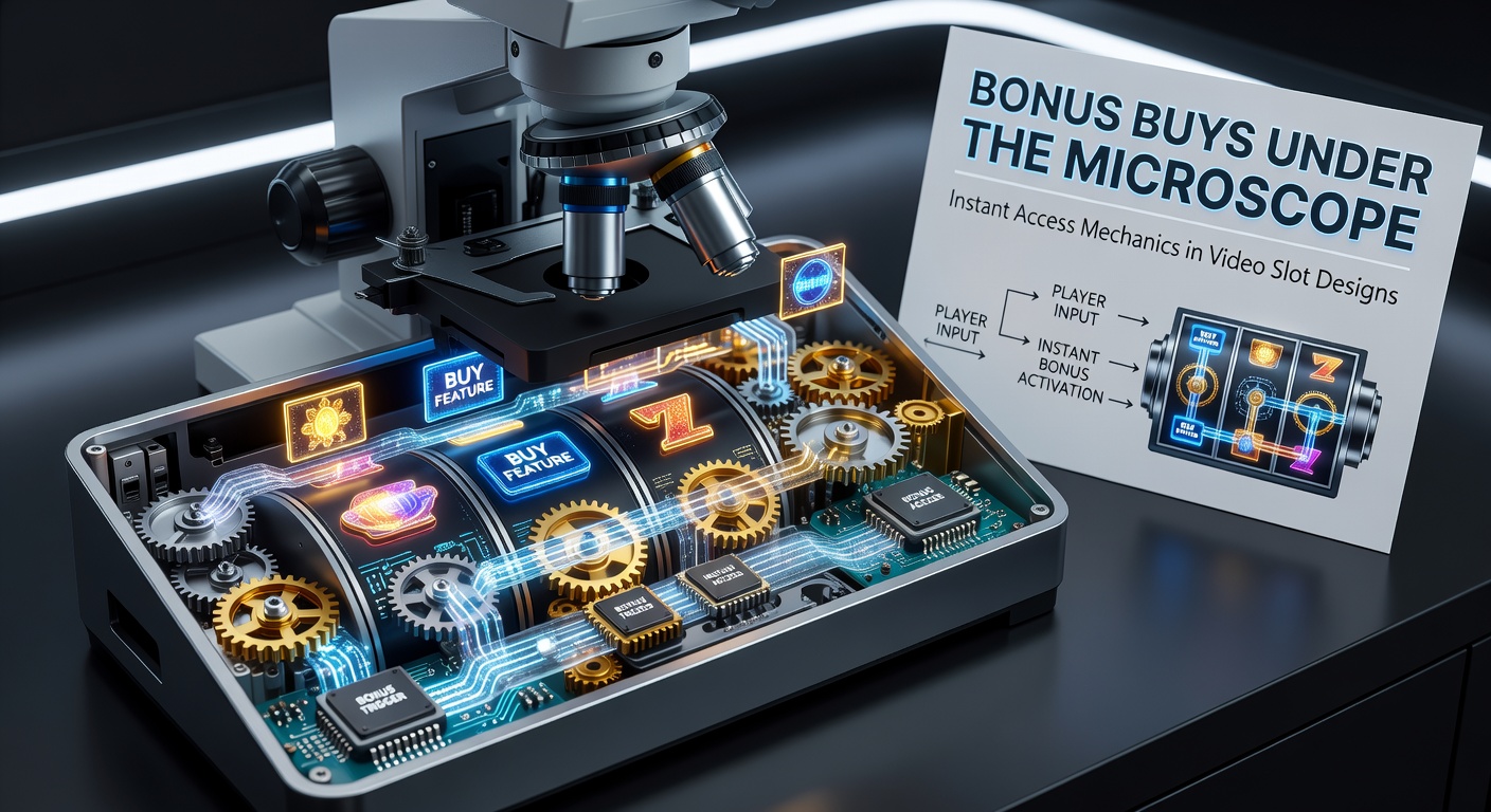 Nahaufnahme eines Video-Slot-Bildschirms mit prominentem Button für den Bonus Buy, der Multiplikatoren und Freispiele anzeigt