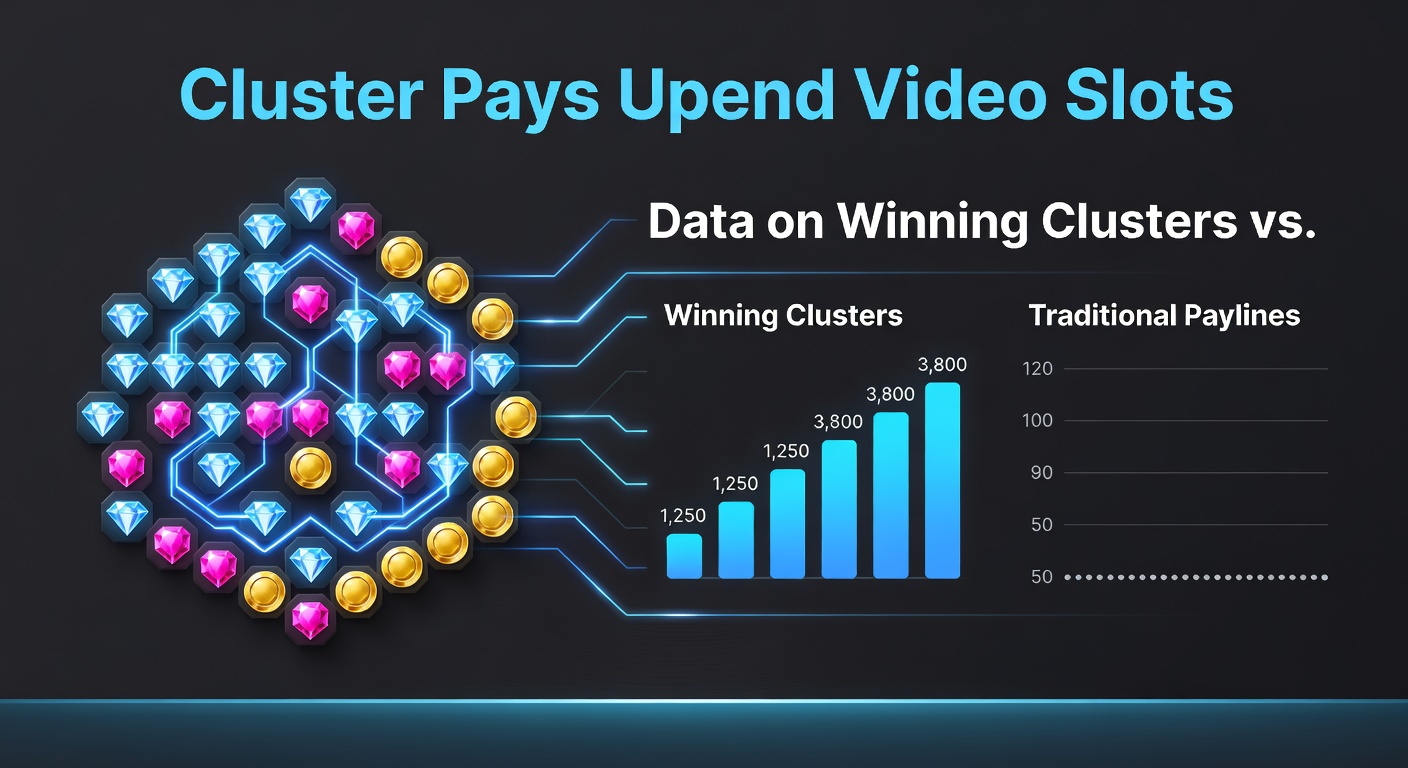 Grafik zeigt Cluster-Pays-Mechanik in einem modernen Video-Slot mit farbigen Symbolclustern, die Gewinne bilden