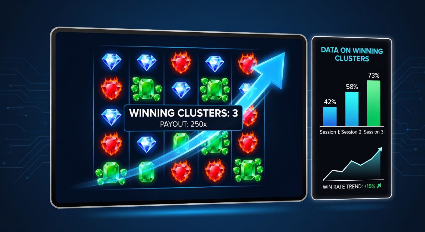 Datenvisualisierung vergleicht Gewinncluster (blau) mit Payline-Gewinnen (rot), mit Balkendiagrammen zu Hit-Rates und RTP-Werten