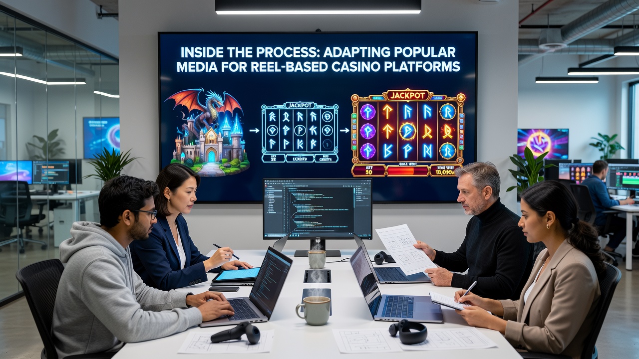 Illustration des Adaptionsprozesses von Medienlizenzen in Reel-basierten Casino-Plattformen mit Fokus auf Symbolgestaltung und Walzenmechaniken