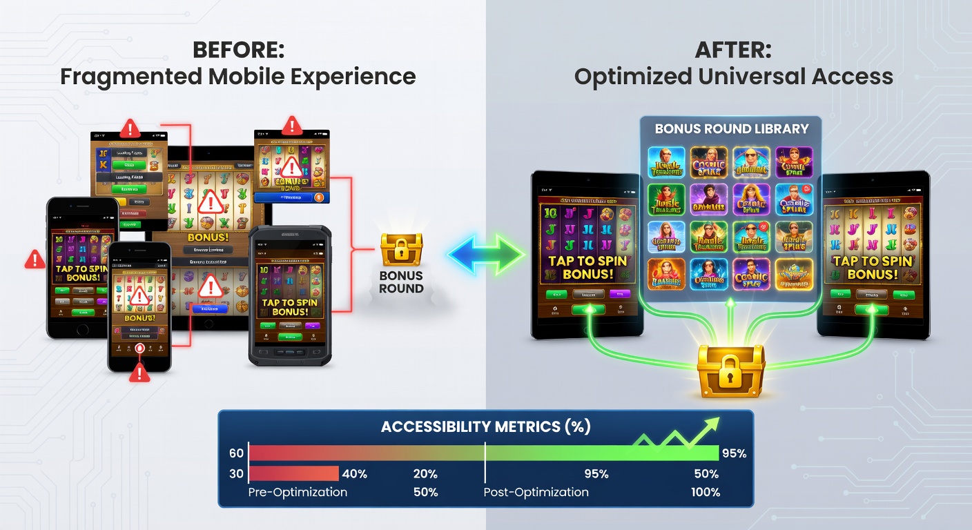 Vergleich der Bonus-Runden-Darstellung vor und nach mobiler Optimierung in Video-Slots